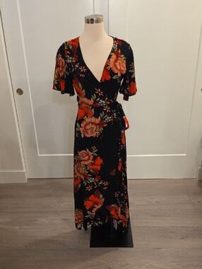 Floral Black Wrap Maxi Dress with Red & Pink Blooms